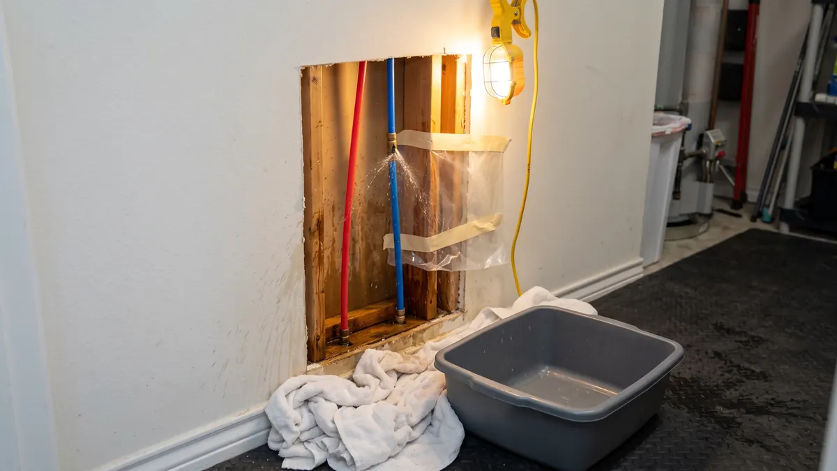 Opened drywall revealing split PEX supply lines spraying during a hard freeze