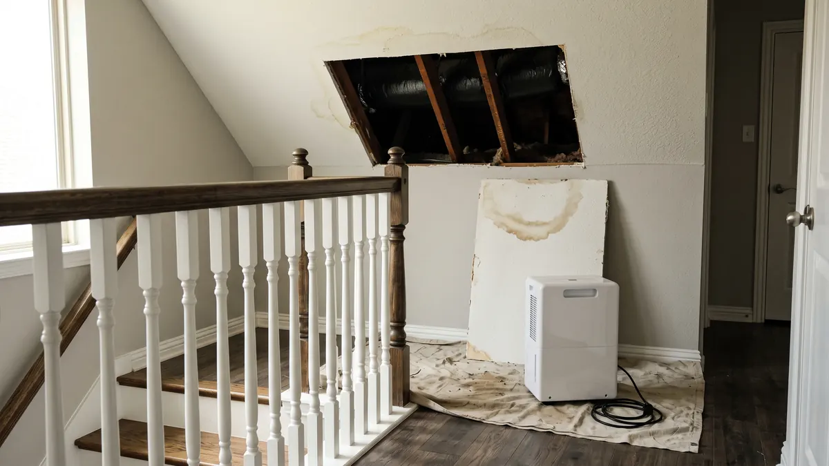 Ceiling section cut out below an attic air handler with a dehumidifier drying the landing