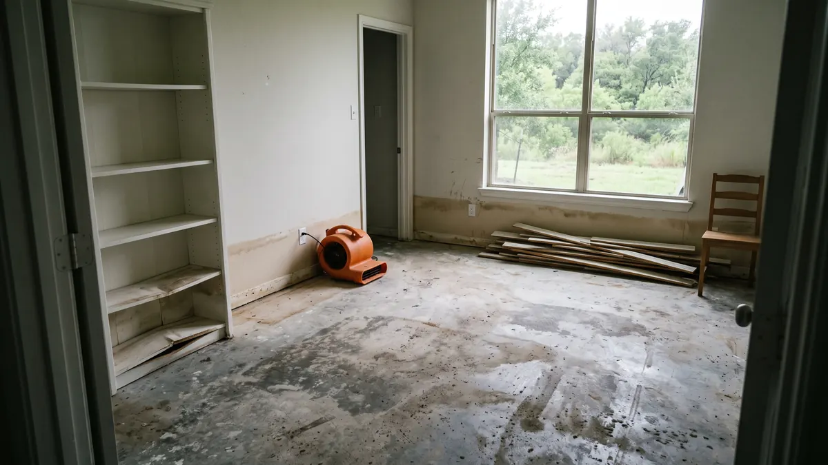 Stripped ground-floor room with a waterline stain and an air mover drying the slab after creek flooding