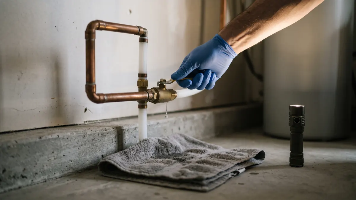 Gloved hand closing a quarter-turn water shutoff valve where the supply line rises from the slab